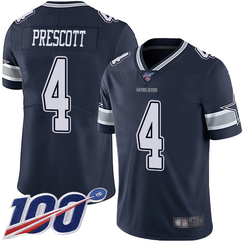 Men Dallas Cowboys Limited Navy Blue Dak Prescott Home #4 100th Season Vapor Untouchable NFL Jersey